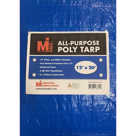 Mutual Industries Tarp, 12 ft x 20 ft, 5 Mil, Blue, Polyethylene, UV Resistant, Mildew Resistant 14963-25-1220